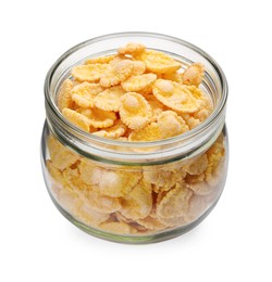 Jar of tasty corn flakes isolated on white