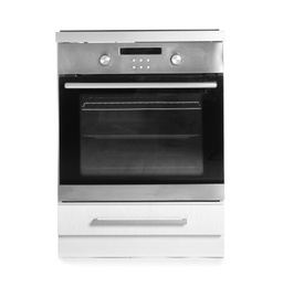 Photo of Modern oven isolated on white. Kitchen appliance