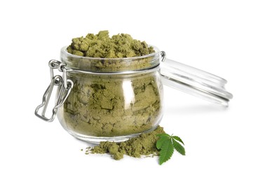 Jar with hemp protein powder and green leaf on white background