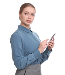 Young businesswoman with mobile phone on white background