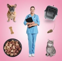 Collage with photos of veterinarian doc, pets, food and accessories on pink background
