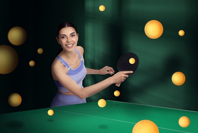 Beautiful young woman playing ping pong and many flying balls indoors
