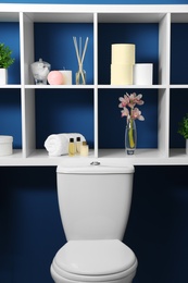 Shelves with different stuff on blue wall above toilet bowl in restroom interior