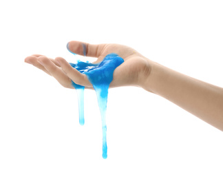 Photo of Woman playing with blue slime isolated on white, closeup. Antistress toy