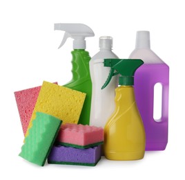 Set of different cleaning supplies and sponges on white background