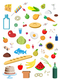Illustrations of different products on white background. Nutritionist's recommendations