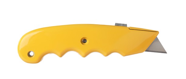 Photo of Yellow utility knife isolated on white. Construction tool