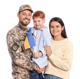 Ukrainian defender in military uniform and his family with flag on white background