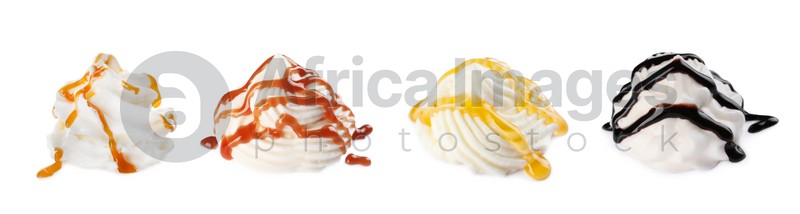 Set of delicious fresh whipped cream with syrups on white background. Banner design