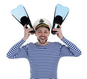 Happy sailor with swim fins on white background