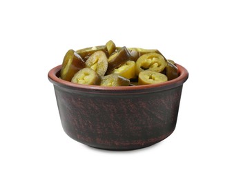 Photo of Slices of pickled green jalapenos in bowl isolated on white