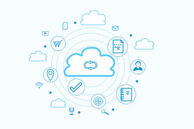 Illustration of digital cloud with different icons on white background. Modern technology concept 