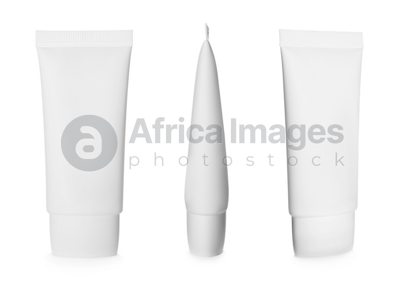 Set with blank tubes of cosmetic products on white background. Mockup for design