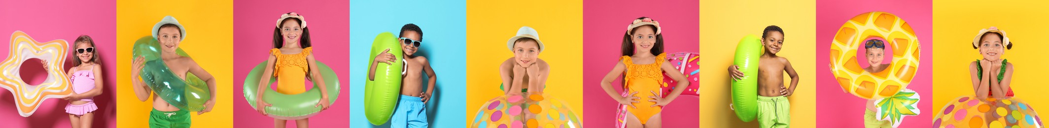 Collage with beautiful photos themed to summer party and vacation. Cute children wearing swimsuits with inflatable rings on different color backgrounds, banner design