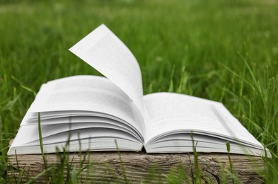 Photo of Open book on log among green grass outdoors