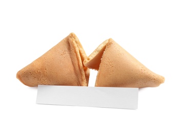 Cracked traditional fortune cookie with prediction on white background