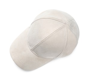 Stylish baseball cap on white background, top view