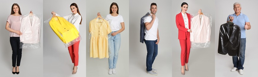 Collage with photos of people holding clothes on light grey background, banner design. Dry-cleaning service