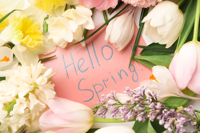 Card with words HELLO SPRING and fresh flowers on white background, flat lay