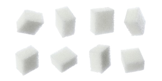Set with cubes of sugar on white background. Banner design