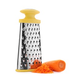 Stainless steel grater and fresh carrot on white background