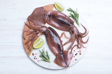 Fresh raw squids with lime and rosemary on white wooden table, top view