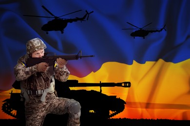 Stop war in Ukraine. Defender and silhouettes of military machinery outdoors. Double exposure of Ukrainian flag and sky