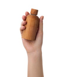 Woman holding wooden bottle isolated on white, closeup