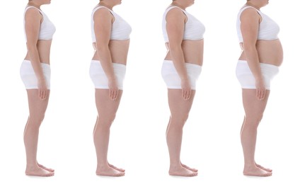 Image of Collage with photos of woman getting fat on white background. Unhealthy diet