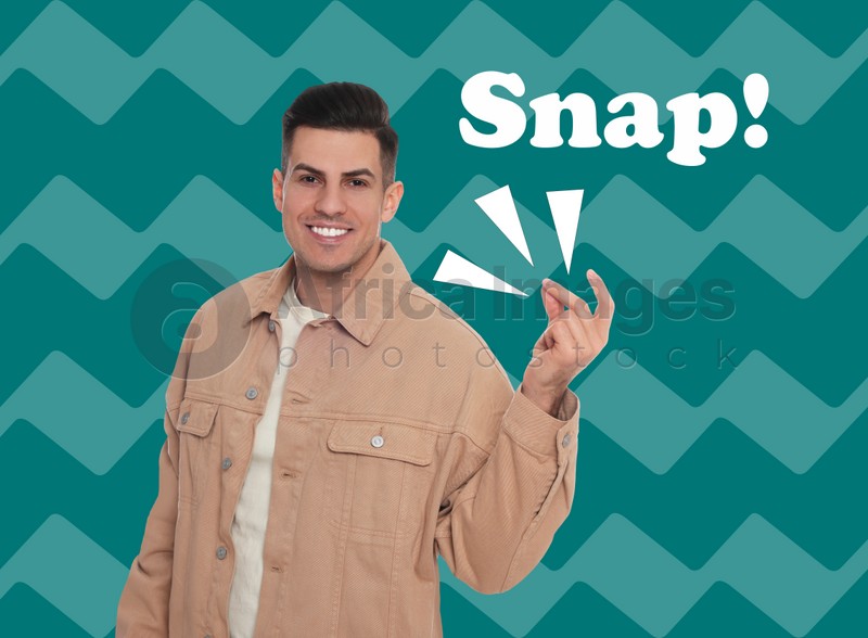 Handsome man snapping fingers on color background