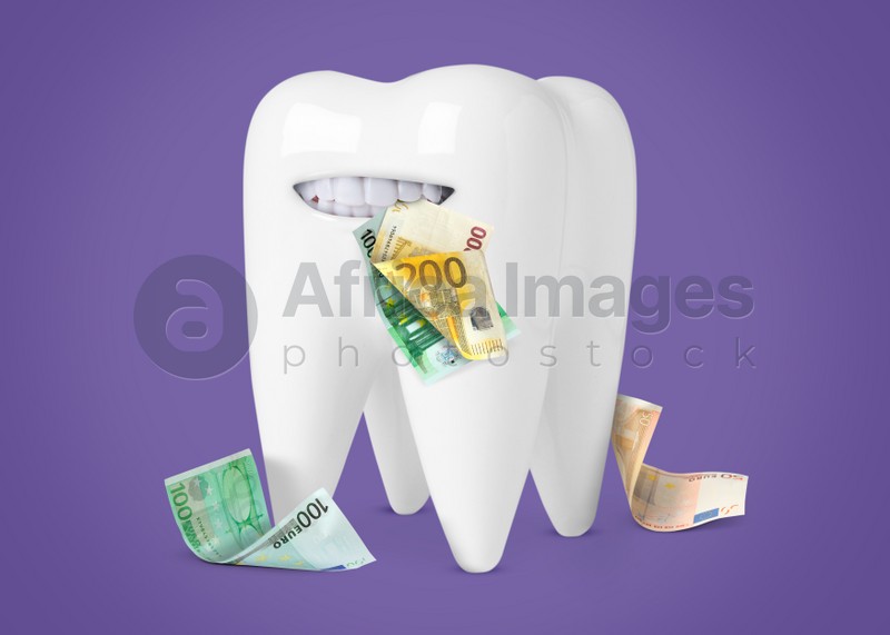 Funny model of tooth with euro banknotes on violet background. Concept of expensive dental procedures