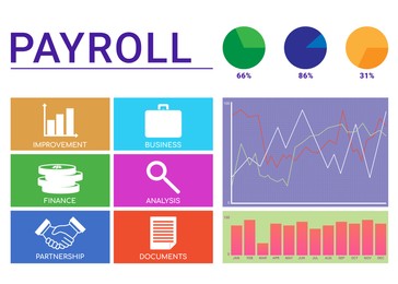 Payroll concept. Illustration of business icons, graphs and circle charts