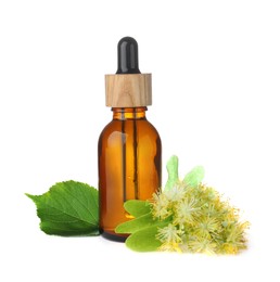 Photo of Bottle of linden essential oil, leaves and flowers on white background