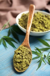 Hemp protein powder and fresh leaves on light blue wooden table, closeup