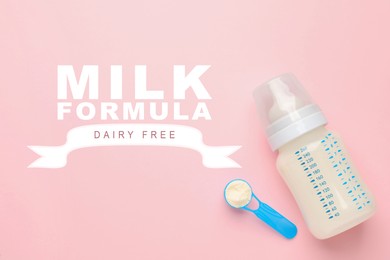 Feeding bottle with dairy free infant formula and powder on pink background, flat lay. Baby milk 
