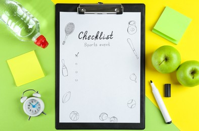 Photo of Sports Event Checklist. Flat lay composition with clipboard, alarm clock and bottle of water on color background