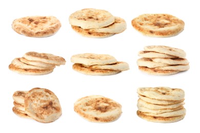 Image of Set with tasty pitas on white background