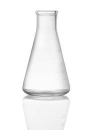 Empty conical flask isolated on white. Laboratory glassware