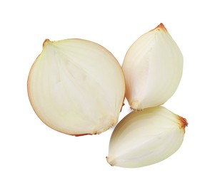 Photo of Pieces of fresh onion on white background, top view