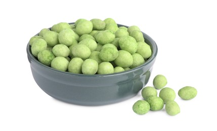 Tasty wasabi coated peanuts in bowl on white background