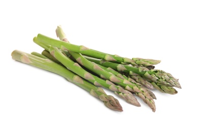 Fresh green asparagus stems on white background