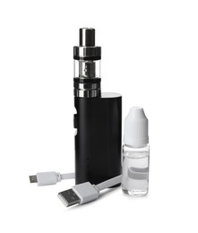 Electronic smoking device, vaping liquid and charging cable on white background
