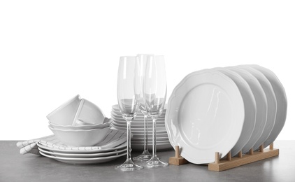Set of clean dishes on white background