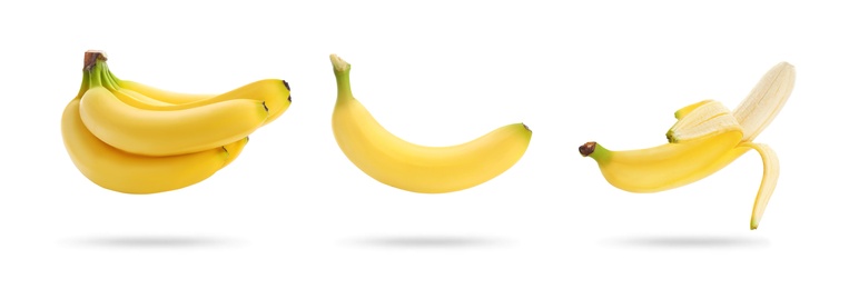 Set with delicious ripe bananas on white background. Banner design