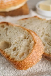 Slices of freshly baked sodawater bread on napkin, closeup