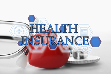 Phrase Health Insurance, red heart and icons on white background