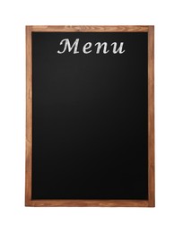 Black chalkboard with word Menu on white background. Mockup for design
