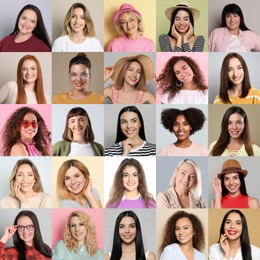 Image of Collage with portraits of happy women on different color backgrounds