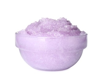 Glass bowl of violet body scrub isolated on white