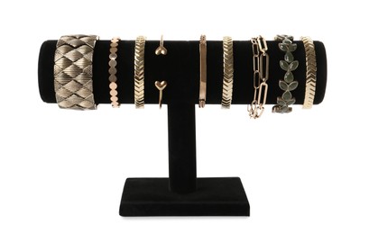 T-bar jewelry stand with stylish bracelets on white background